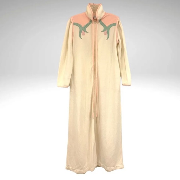 Vintage Bill Tice Velour Zip Robe Women Size 8 Ivory Pink Tulips High Collar - Picture 2 of 11